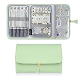 Picture of MATEIN Travel Jewelry Organizer Case, Foldable Water-Resistant Soft Leather Jewelry Roll, Women Jewelry Bag for Earrings, Rings, Necklaces, Bracelets, Green
