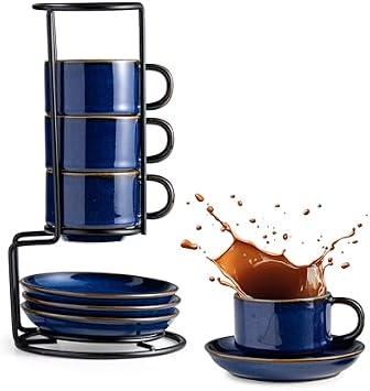Gomakren 3 Tier Serving Trays Stand Porcelain Serving Platters 12 Inch White Serving Plates & 2.5 Ounce Espresso Cups Set of 4, Small Stackable Coffee Cups with Saucers and Metal Stand