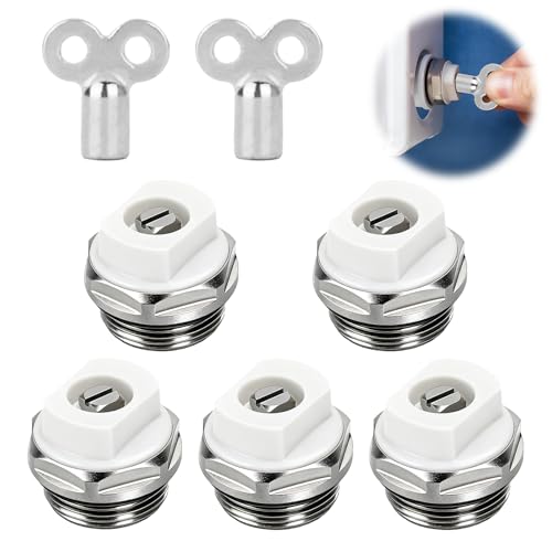 Lot de 5 valves de purge pour radiateur avec 2 clés de purge, 1/2 en laiton nickelé, valve de purge de chauffage jusqu'à 120 degrés Celsius, clé de purge de radiateur