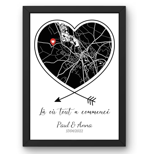 Affiche personnalisée couple carte ville cœur lieu de rencontre prénoms date GPS avec ou sans Cadre Poster Toi