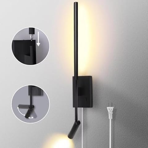 ZEROUNO Modern Plug in Wall Sconce Indoor Wall Light, Minimalist LED Line Wall Lamp with Switch, Adjustable Matte Black Wall lamp for Living Room Bedroom Hallway Reading etc Cover