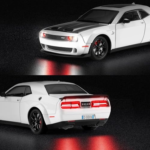 Image of WORSHIPER 1:24 Dodge Challenger SRT Exclusive Alloy Metal Pull Back Die-cast Car Model with Sound Light Mini Auto Toy for Kids for Toy Car with Sound and Light (1:24 Dodge Challenger - White)