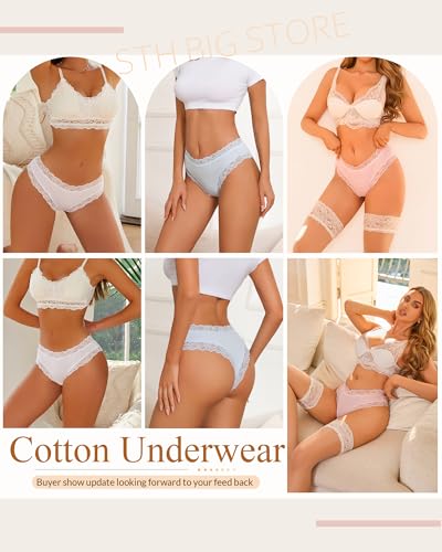 Image of Sth Big Womens Cotton Underwear Sexy Lace Brazilian Panties Soft Breathable Cotton Bikini for Ladies 6 Pack