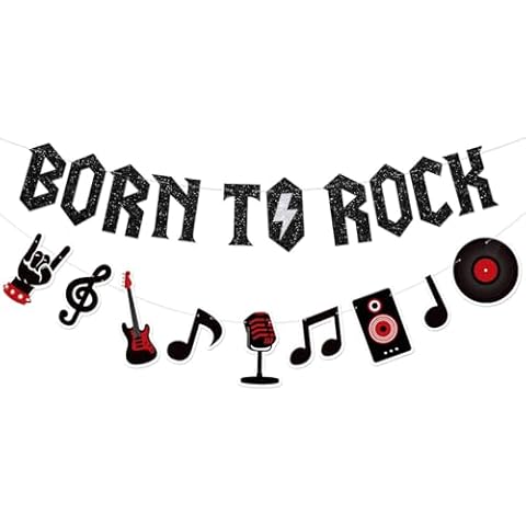 Mosailles Born to Rock Glitter Banner with Music Note Garland 1950's Rock and Roll Party Decorations Music Theme 1st Birthday Party Supplies 50s Rock Party Favors Record Wall Decor Cover
