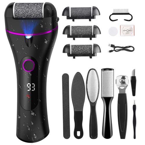Wolady Rapeuse Pieds Electrique, 14 en 1 Kit de Pédicure Anti-callosités,3 Vitesses,Ponceuse Pied Rechargeable 1200 mAh,Rappe Pieds Pédicure Étanche IPX6,3 Têtes Rouleaux et Lumière LED