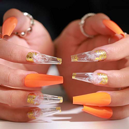 Outyua Glossy Smoke Pattern Fake Nails Coffin Extra Long Press On Nails With Design Ballerina Acrylic Cute False Nails 24Pcs (Orange) #TOP4