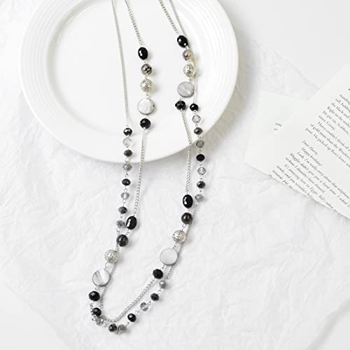 Noessla Layered Long Necklaces For Women Crystal Beaded Statement Necklace Sweater Silver Chain With Gifts Box Jewelry(Black) #TOP5