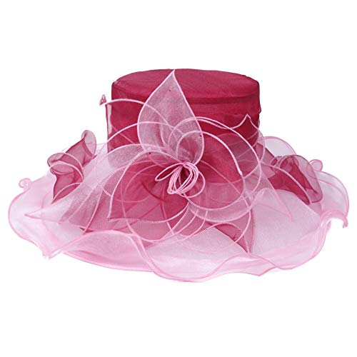 Women's Fascinators Wide Brim Sun Hat for Kentucky Derby, Church, Wedding, Tea Party, Royal Ascot, Easter (Burgundy/Pink) - Thumbnail 2