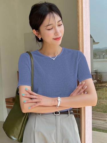 Image of Leriya Fashion Women's Waffle Knit T-Shirt - Short Sleeve Lightweight Summer Top| Soft Breathable Crew Neck Casual Tee for Office, Travel, Vacation & Daily