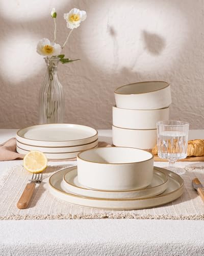 Image of Famiware Nebula Plates and Bowls Sets, 18 Pieces Stoneware Dinnerware Sets, Reactive Glaze Dish Set, Dishes Set for 6, Matte Beige White with Brown Rim