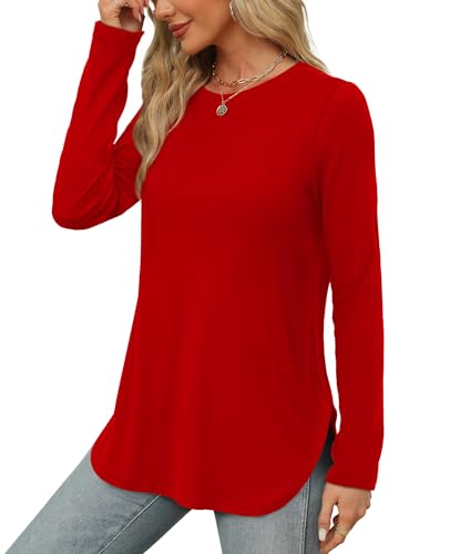 Image of XIEERDUO Womens Long Sleeve Round Neck Shirts Side Split Basic Loose Tunic Tops Casual 2026