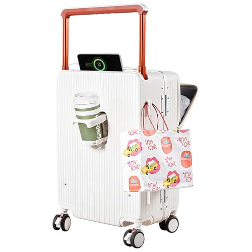HUIDA TECH Mala de cabine de 20 polegadas com compartimento para portátil, fechadura TSA, porta USB e porta-copos dobrável - bagagem leve para viagens de trabalho, Branco, Bagagem extensível com