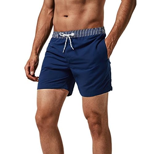 MaaMgic Herren Badehose Jungen Badeshorts Sporthose Schnelltrockend Sport Schwimmhose mit Mesh in vielen Farben, Größen XS - 2XL, Navy Blau Gestreift Bund L