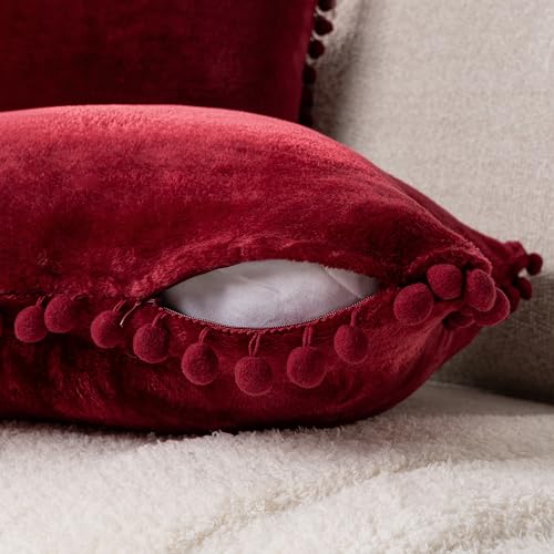 PAVILIA Maroon Red Decorative Throw Pillow Covers Pom Pom 20x20 Set of 2 by PAVILIA - Used condition - Image 4