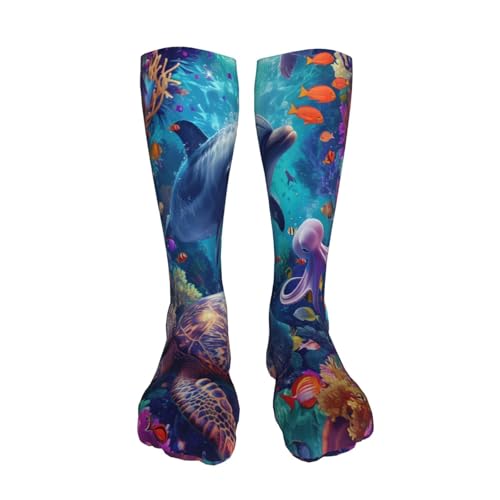 Coxfurio Underwater Turtle Dolphin Octopus Pattern 20 In Compression Socks For Women & Men Knee High Compression Stocking Support Running Travel