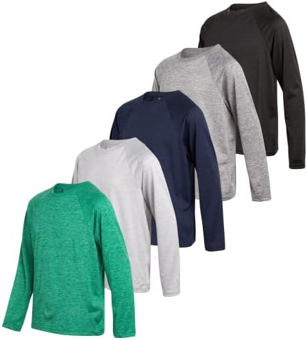 iXtreme Boys' Athletic T-Shirt - 5 Pack Active Performance Dry-Fit Long Sleeve Sports Tee (6-18), Size 12/14, Green/Navy/Light Grey/Black/Grey Marble