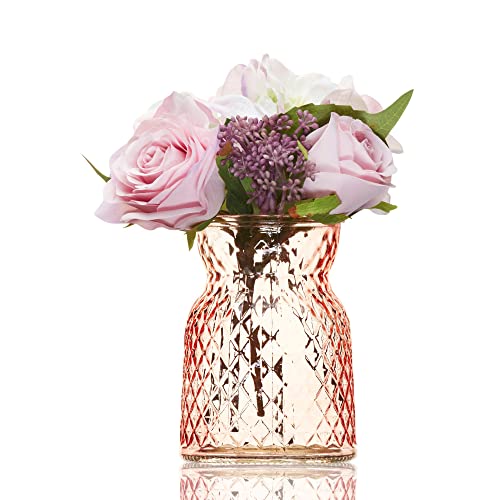 Small Pink Glass Vase for Flowers 14cm – Decorative Cut Glass Ribbed Bud Vase for Roses – Coloured Tulip Vases - Unique Sweet Pea Ornament for Mum