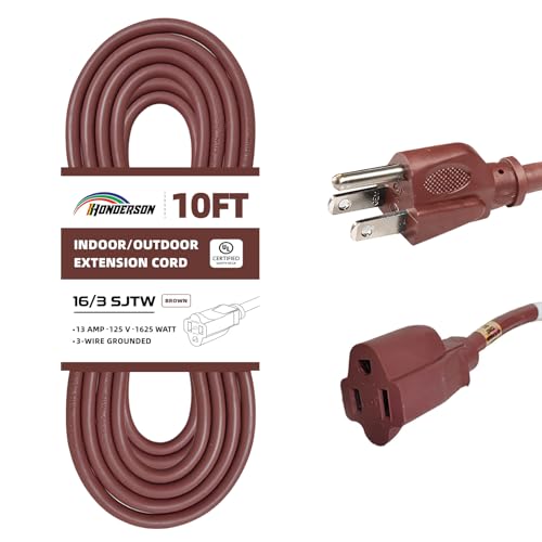 HONDERSON 10FT Brown Outdoor Extension Cord-16/3 SJTW Durable Extension Cord for Christmas Lights with 3 Prong Grounded Plug Great for Outside Christmas Decorations