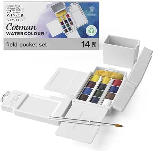 Winsor & Newton 0390639 Cotman Field Box Aquarellfarben Set, lebendige Wasserfarben mit hoher Lichtechtheit, große Farbauswahl, Alterungsbeständig - 12 Farben in 1/2 Näpfen, Mischp