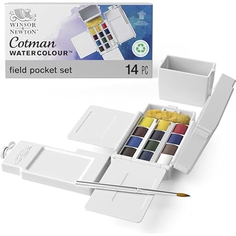Winsor & Newton Cotman Watercolor Paint Set, Field Pocket Set, 12 Half Pan w/ Brush, Sponge, Bottle Cover