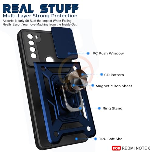 Image of Armor Bumper Back Cover Case for Redmi Note 8 Rotating Camera Cover, Ring Holder & Kickstand | Heavy Duty & 360 Degree Protection Redmi Note 8 Back Cover (Blue)