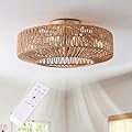 OPKMB 20" Boho Caged Fandelier with Lights Flush Mount Rattan Ceiling Fan with Lights and Remote Control, Enclosed 6 Speeds Low Profile Fan Light for Bedroom, Living Room, Kitchen