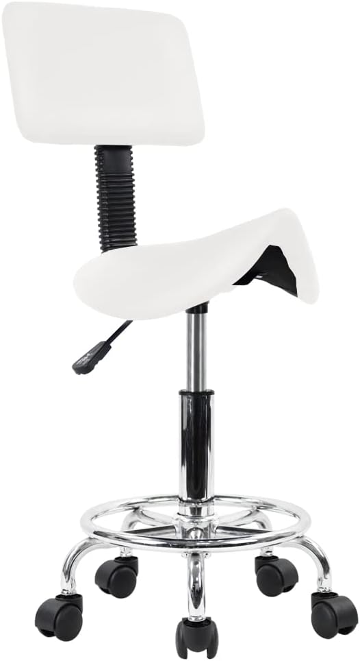 KKTONER Saddle Stool with Foot Rest PU Leather Swivel Adjustable Rolling Stools with Back Support Facial Salon Kitchen Chair (White)