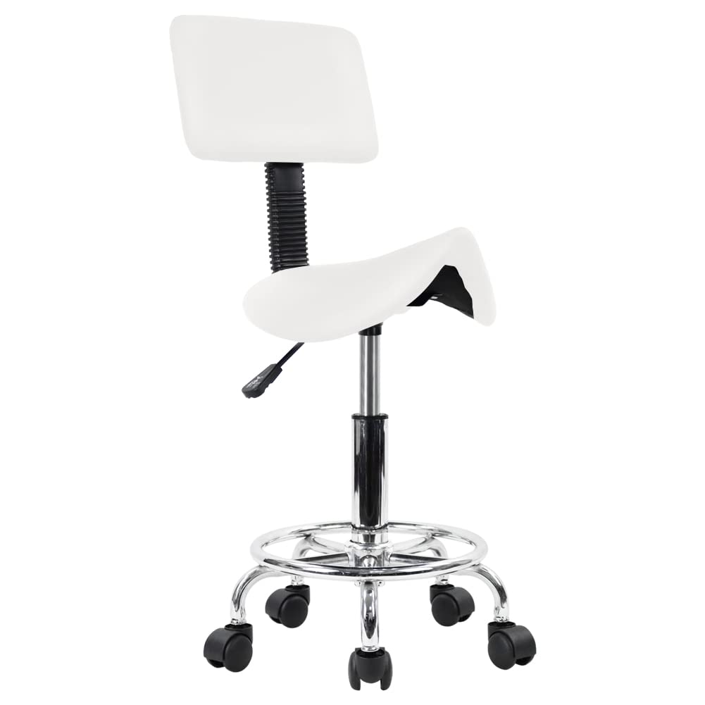 KKTONER Saddle Stool with Foot Rest PU Leather Swivel Adjustable Rolling Stools with Back Support Facial Salon Kitchen Chair (White)