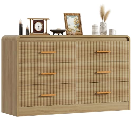 YITAHOME 6-Drawer Dresser with Built-in Power Outlet, Wood TV Stand with 6 Large Drawers and Bar Handles, White Dresser Chest of Drawers for Living Room, Hallway, Entryway