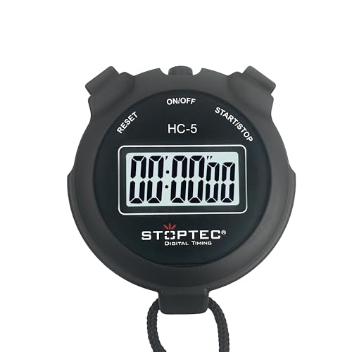 Stoptec - Cronometro HC-5, molto semplice: solo avvio, arresto e reset, acceso e spegnibile, grande display a riga singola, impermeabile, sport, hobby, tempo libero, adatto per bambini