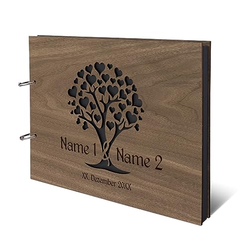 Hochzeit Fotoalbum Nussbaum Holz Gravur individuell Holzcover mit 50 Fotokarton 300g/qm schwarzen Innenseiten (25 Blätter) DIN A4 quer 302 x 215 mm - Herzbaum