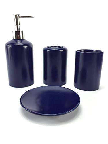 WPM 4 Piece Ceramic Bathroom Accessories Set - Navy - Our Complete Bath Decor Kit Includes Designer Soap or Lotion Dispenser - Toothbrush Holder - Tumbler - Soap Dish (Navy)