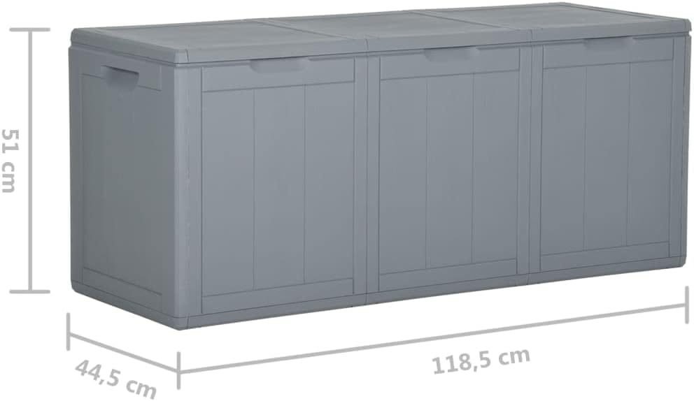 Diagram showing the dimensions of the garden storage box: 118.5 cm length, 44.5 cm width, and 51 cm height.