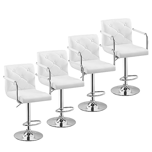 VECELO Bar Stools, Adjustable Bar Stools Set of 4, Counter Height Barstool with Back and Arms, Swivel PU Leather Barstools for Kitchen/Island, White