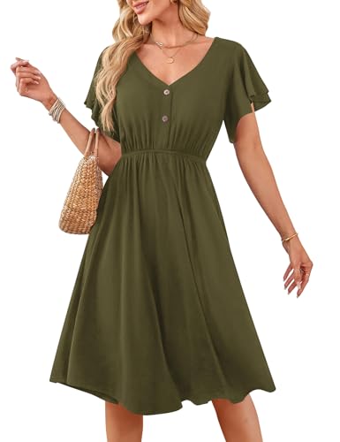 Florboom Damen Sommer Elegante Midikleid Rüschen Kurze Ärmel V-Ausschnitt Kleider, Swing Lässig A-Linie Sommerkleid (Armee Grün, L)