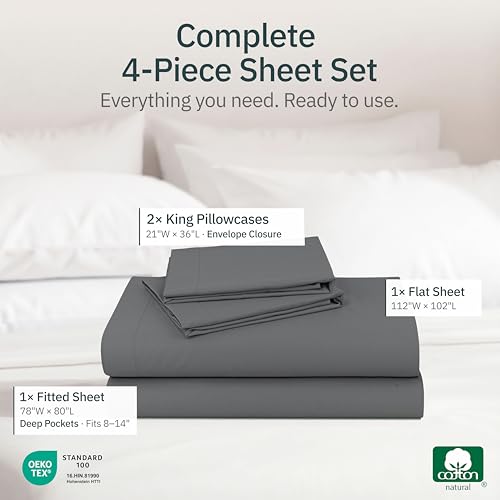 Image of Super Soft 100% Cotton King Bed Sheets, 4 Pc Set, Grey | Lightweight & Breathable For Hot Sleepers, 14 inch Deep Pocket, All-Around Elastic, Durable, Easy Care, OekoTex Certified