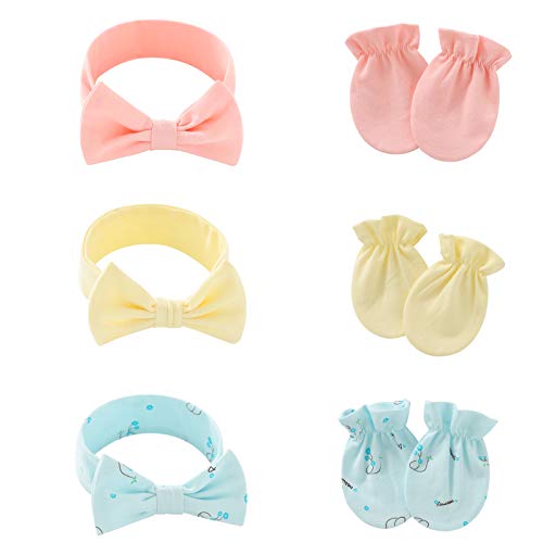 POXIMI Baby Cotton Headbands No Scratch Mittens Set Newborn Soft Girl Hairbands Infant Elastic Gloves for Boys Hair Accessories with Cute Bows (A-pink/blue/yellow, ONE SIZE)