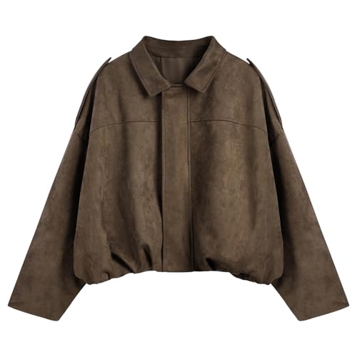 BSBUY Women's Faux Suede Bomber Jacket Spring Lapel Pilot Co