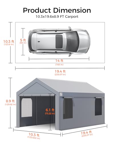 Carport, 10 x 20 FT Portable Garage Heavy Duty, Carport Canopy with Sidewalls Roll-Up Door & Windows, Car Port Canopy Tent Reinforced with Extended Skirt for Truck, Boat, Car Shed (Light Gray) - Thumbnail 4