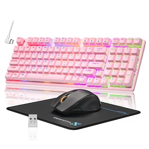 Image of Wireless Mechanical Gaming Keyboard and Mouse Combo, 98 Keys RGB Backlit Rechargeable 2000mAh Battery, 3-Mode BT5.0 /2.4G /USB-C (Pink)