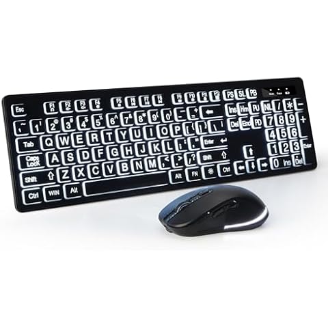 Wireless Keyboard and Mouse - Large Print Wireless Keyboard, KOPJIPPOM 2.4G Full Size Keyboard and Mouse Set with Big Letters and Backlight Key for Seniors, Compatible for Windows, Laptop, PC, Black Cover