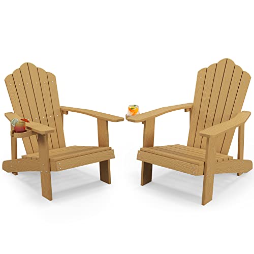 Image of Tangkula Oversized Adirondack Chair, Patio Lounge Chairs w /Adjustable Cup Holder, HIPS Armchairs Slatted Chair, Outdoor Weather Resistant Fire Pit Chair for Deck Backyard Garden Porch (2, Teak)