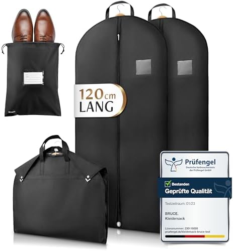 Bruce.® Kleidersack - 2x 120x60 cm Kurz – Schwarz | Inkl. Schuhbeutel. Hochwertige Kleiderhülle, 120 GSM, für Anzug, Blazer, Kostüm & Kleid – für Reise & Aufbewahrung