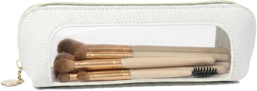 Makeup Brush Bag with Zipper, Portable Cosmetic Brush Organizer Case, Travel Brush Bag with Transparent Window, PU Leather Makeup Brush Storage Pouch for Purse, Bathroom, Vanity, White Pebbled