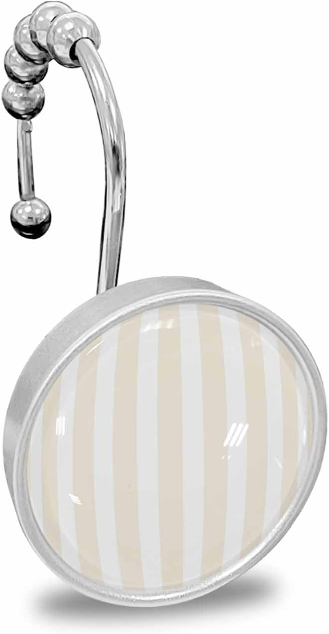 Shower Curtain Hooks 12 Pcs Cream and White Striped Geometric Stainless Steel Rust Proof Rolling Shower Curtain Rings, Decorative Shower Curtain Hooks Hangers for Bathroom