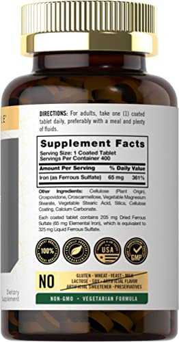 Iron Ferrous Sulfate 65 Mg | 400 Tablets | Non-Gmo, Gluten Free, And Vegetarian Supplement | High Potency | By Carlyle #TOP1