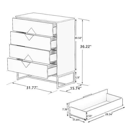 Rasoo Chest Of Drawers White 4 Drawer Dresser Chest Bedside Drawer Cabinet Storage For Bedroom With Special Shape Square Handle, 31.77” X 15.74” X 36.22” (Lxwxh) #TOP6