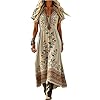 Generisch Damen Sommerkleid Leinen Kleider V-Ausschnitt Maxikleid Boho Kurzarm Kleid Musselin Strandkleid Casual Freizeitkleid Elegant Midikleid Urlaub Partykleid Elegant Abendkleid Outfit (A38,S)