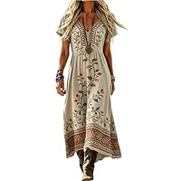 Generisch Damen Sommerkleid Leinen Kleider V-Ausschnitt Maxikleid Boho Kurzarm Kleid Musselin Strandkleid Casual Freizeitkleid Elegant Midikleid Urlaub Partykleid Elegant Abendkleid Outfit (A38,S)