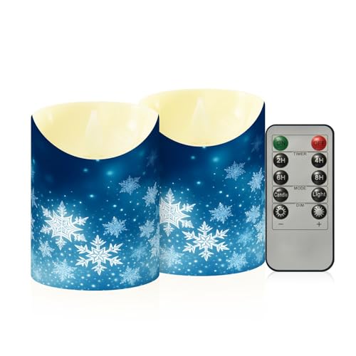 ALAZA Christmas Blue Winter Snowflakes Flickering Flameless Candles Battery Operated with Remote Timer,Tea Light Candles LED Pillar Votive Candles Set of 2 for Outdoor Indoor Decorations 3" x3.9"